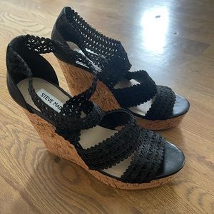 Size 9.5 Steve Madden black wedge sandals with cork heel- never worn